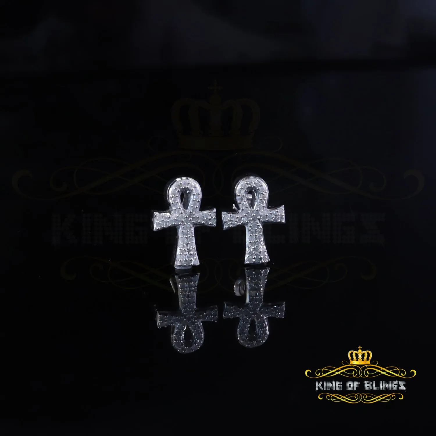 King Of Bling's New 0.40ct Diamond 925 Sterling Silver White for Men's & Women Stud ANKH Earring