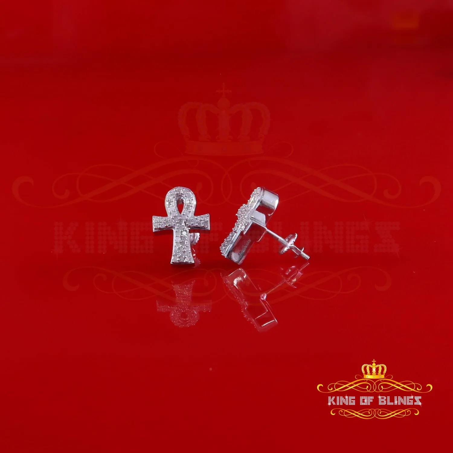 King Of Bling's New 0.40ct Diamond 925 Sterling Silver White for Men's & Women Stud ANKH Earring