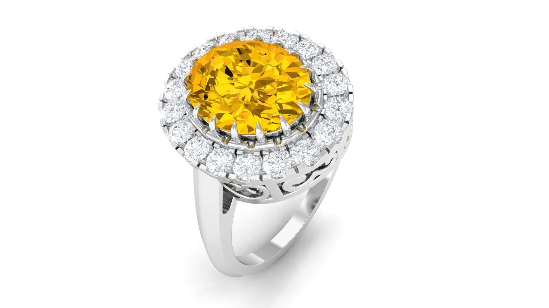 Lab Grown Yellow Sapphire and Moissanite Halo Engagement Ring