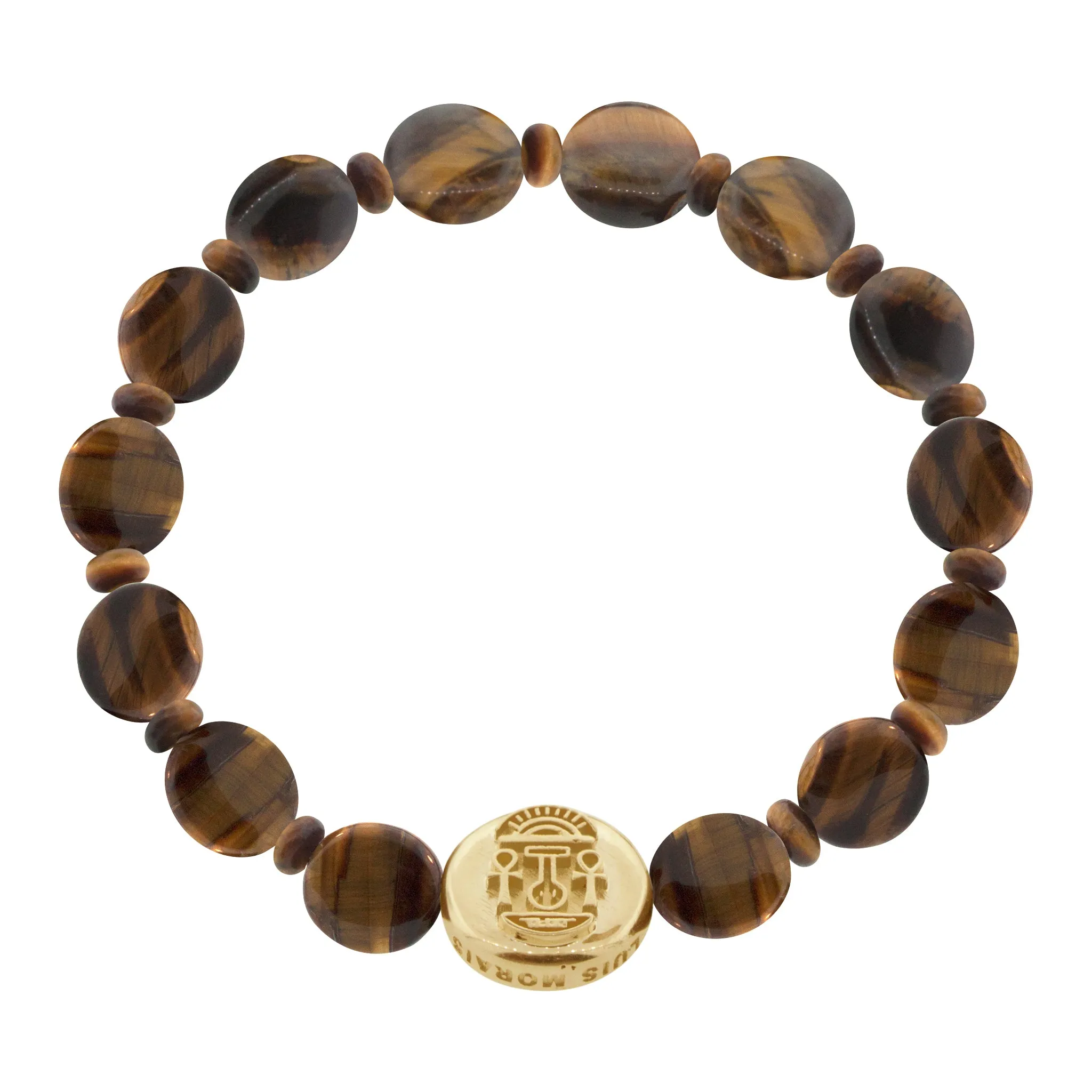 Large Good Luck Disk on Tiger's Eye Disk & Roundel Beaded Bracelet