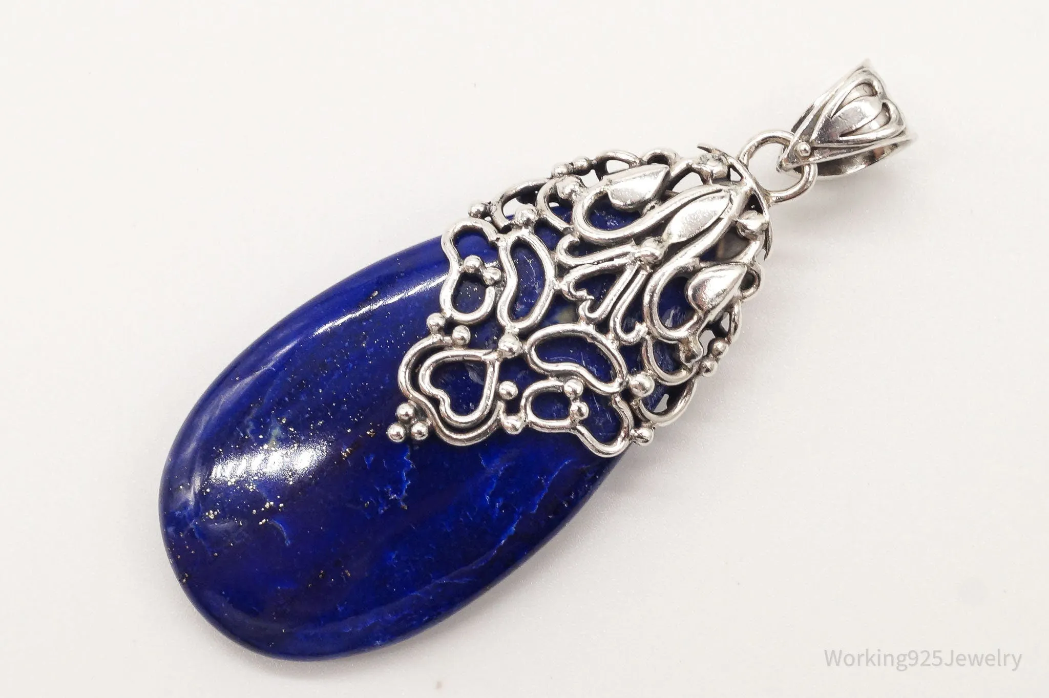 Large India Designer Doug Paulus Lapis Lazuli Ornate Sterling Silver Pendant