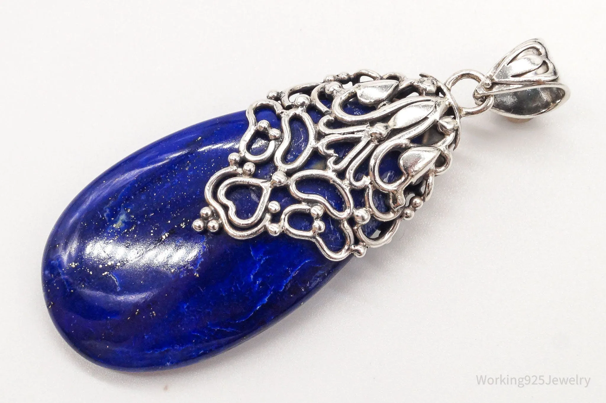 Large India Designer Doug Paulus Lapis Lazuli Ornate Sterling Silver Pendant