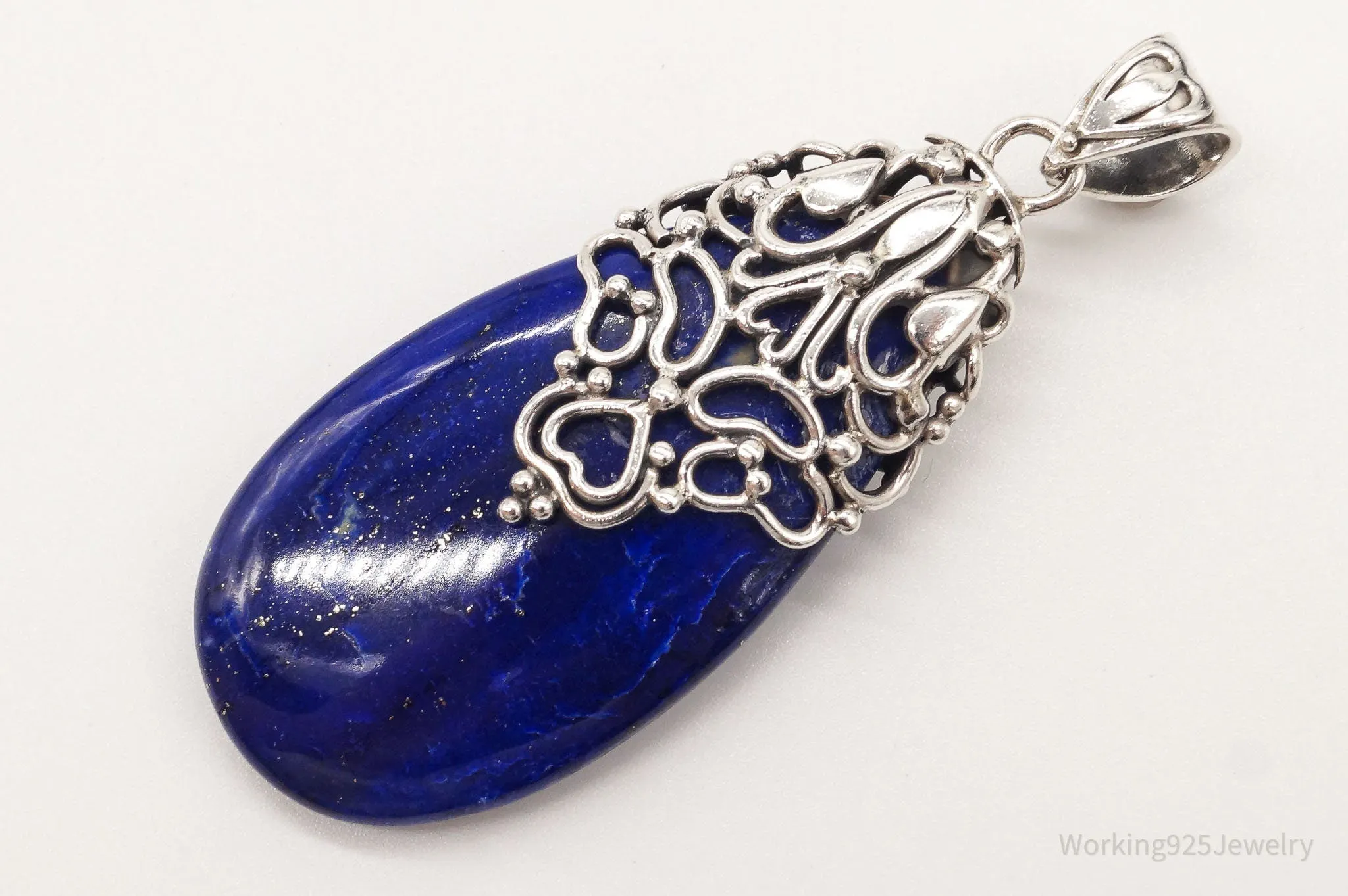 Large India Designer Doug Paulus Lapis Lazuli Ornate Sterling Silver Pendant