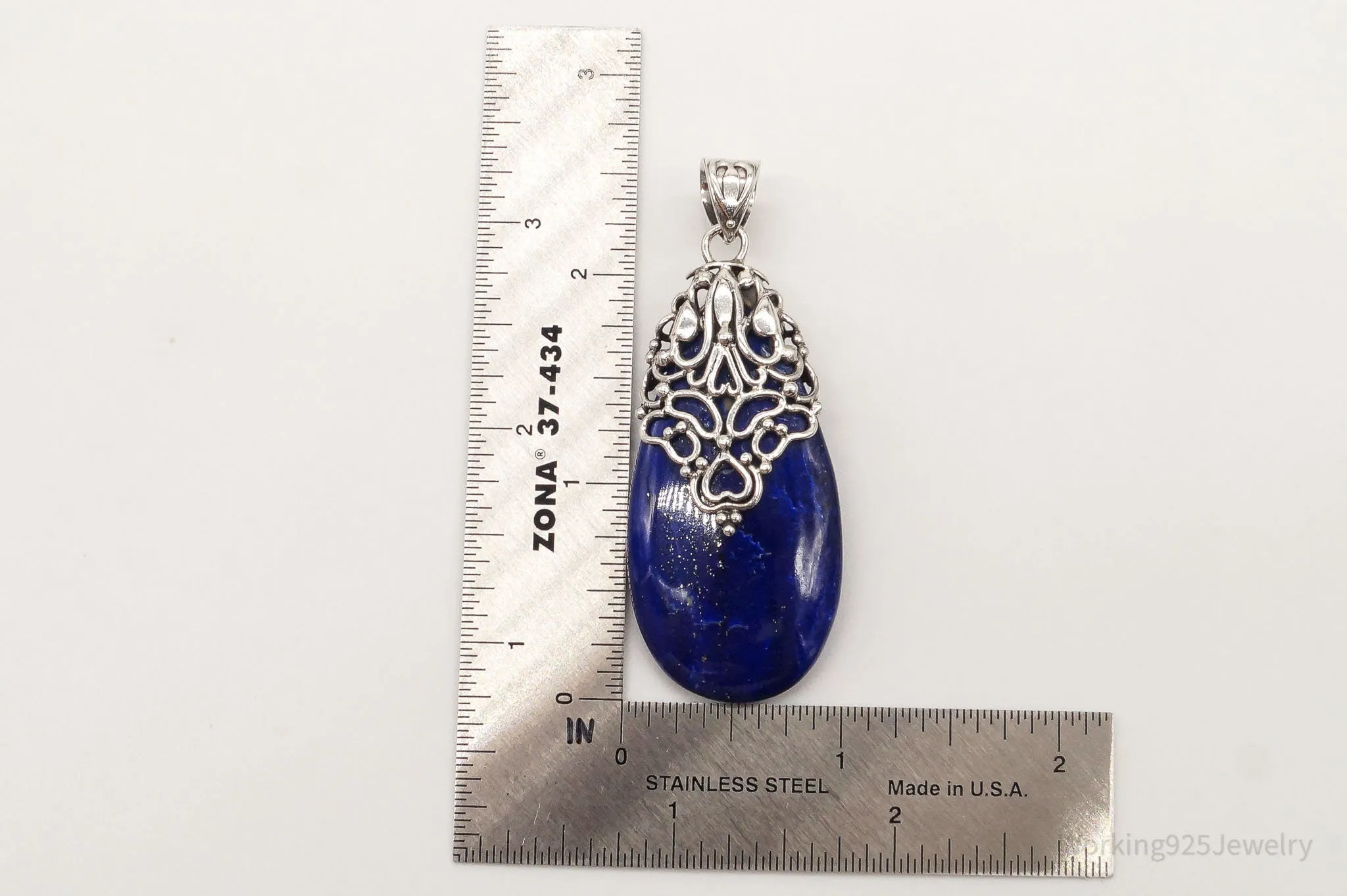 Large India Designer Doug Paulus Lapis Lazuli Ornate Sterling Silver Pendant