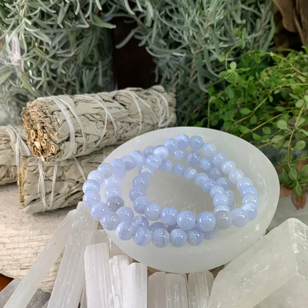 Mala Blue Lace Agate Bracelet With Velvet Pouch