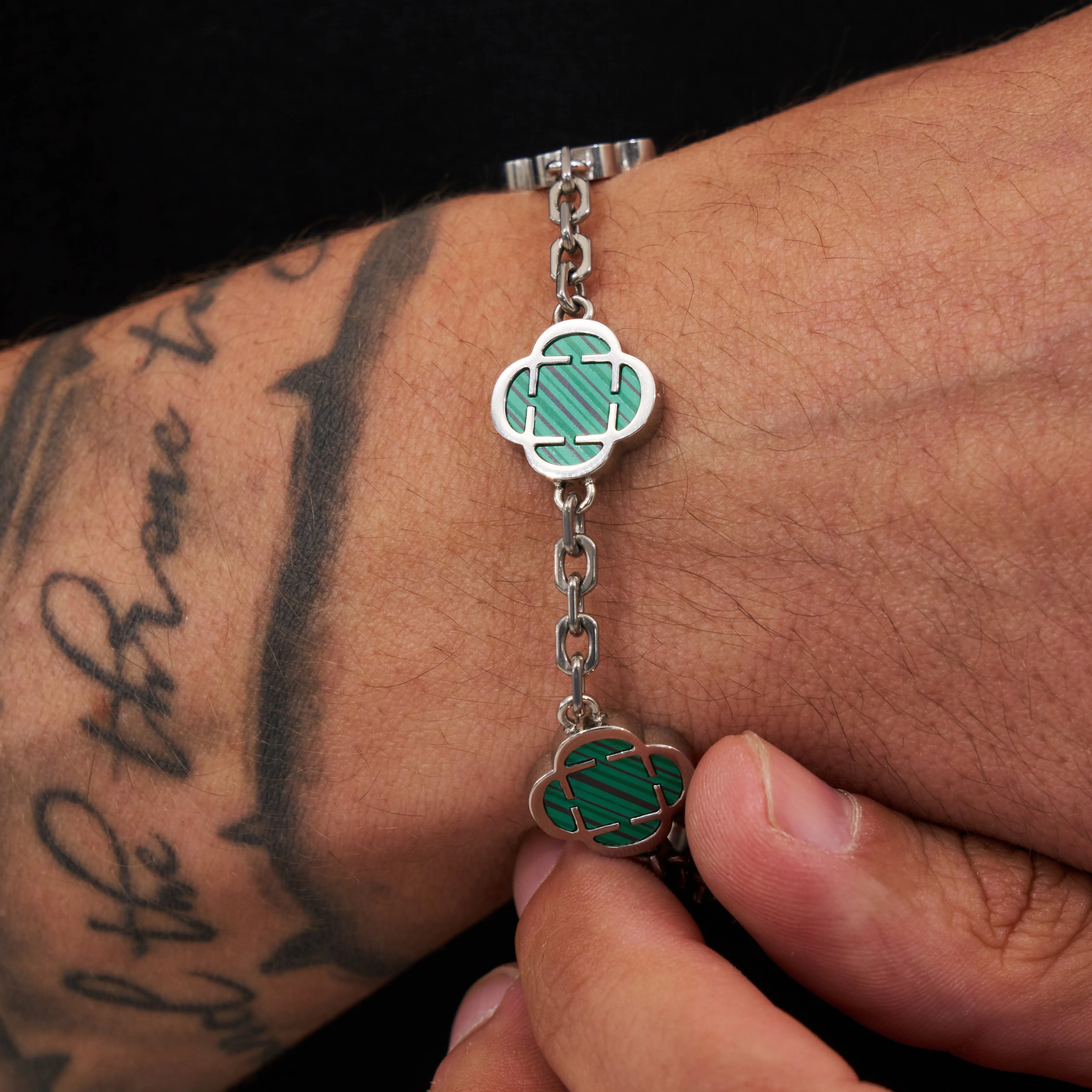 Malachite Clover Stone Bracelet (Silver)