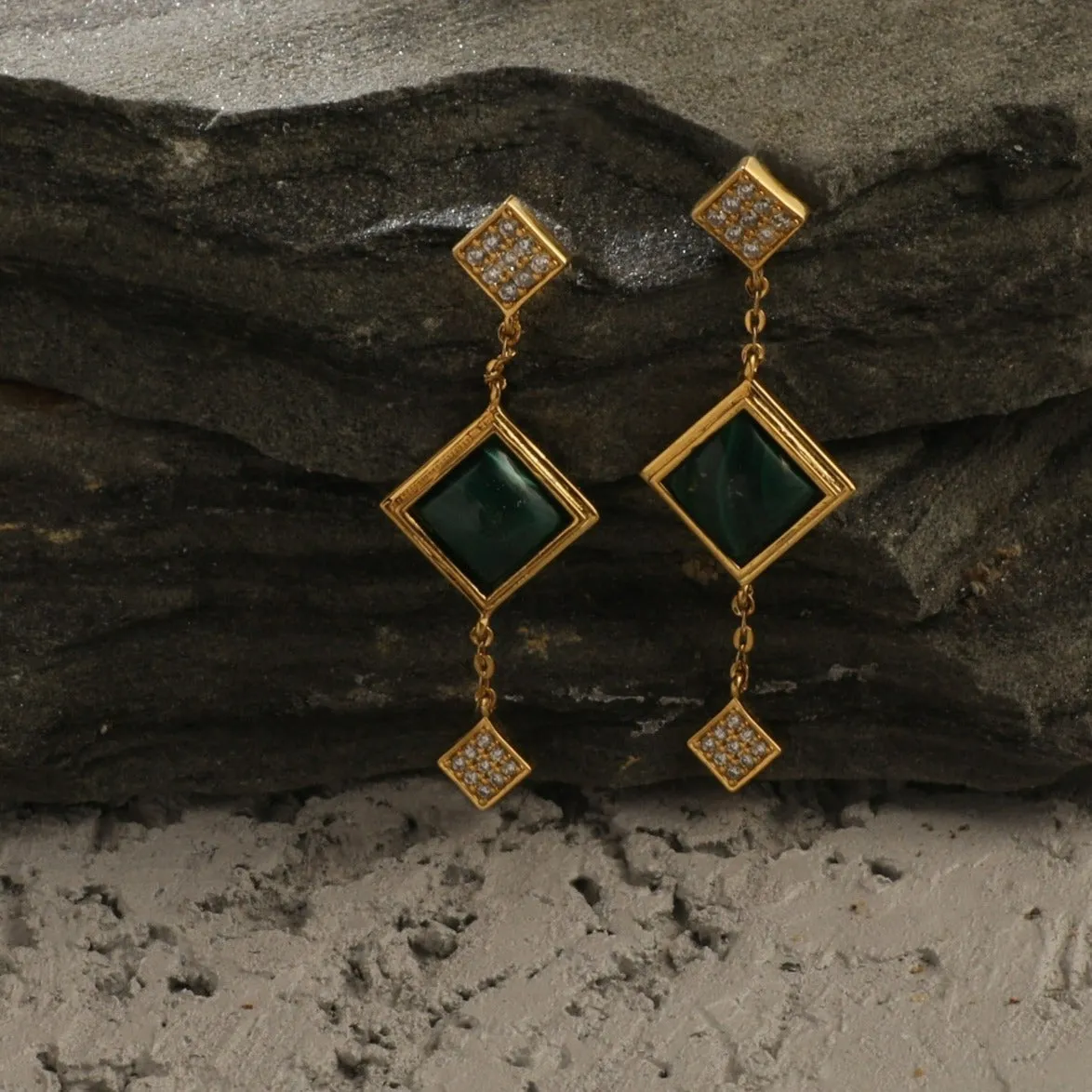 Malachite Square Charm Silver Drop Earrings