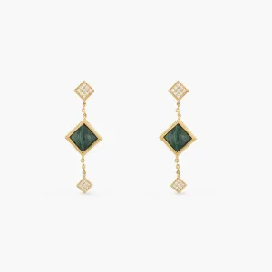 Malachite Square Charm Silver Drop Earrings