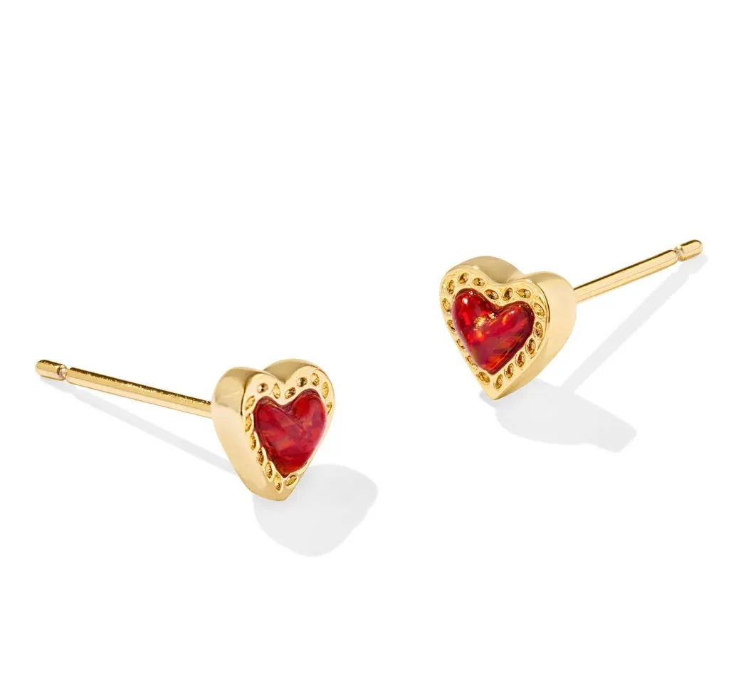 Mini Ari Heart Gold Stud Earrings in Red Kyocera Opal