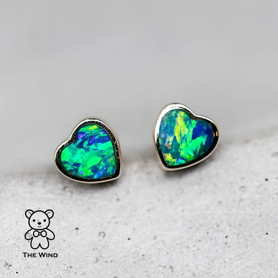 Minimalist Heart Shaped Australian Doublet Opal Stud Earrings 14k Yellow Gold