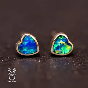 Minimalist Heart Shaped Australian Doublet Opal Stud Earrings 14k Yellow Gold