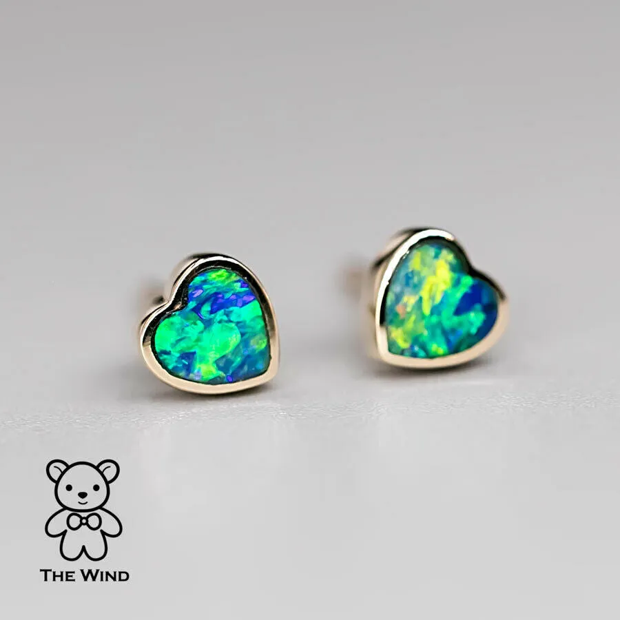 Minimalist Heart Shaped Australian Doublet Opal Stud Earrings 14k Yellow Gold