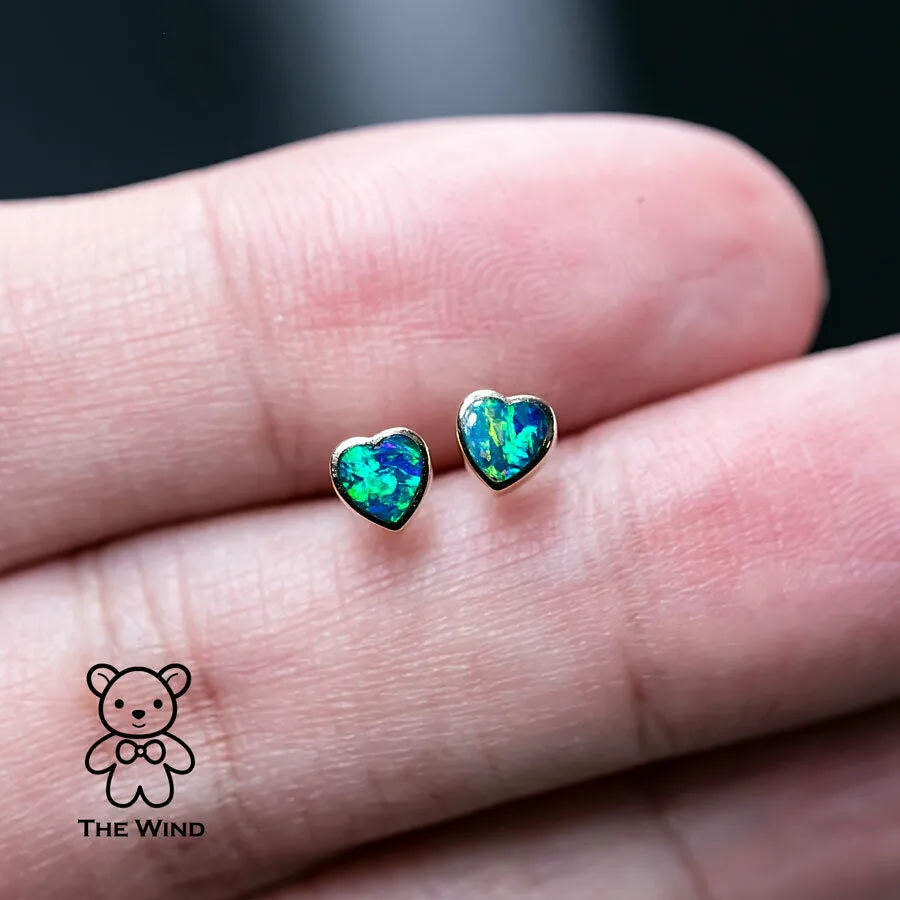 Minimalist Heart Shaped Australian Doublet Opal Stud Earrings 14k Yellow Gold