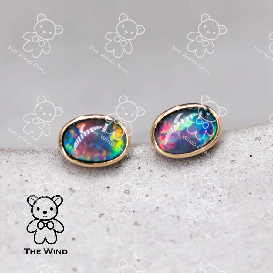 Minimalist Oval Shaped Triplet Opal Stud Earrings 18K Yellow Gold