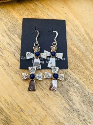 Navajo Hand Stamped Sterling Silver & Lapis Cross Dangle Earrings