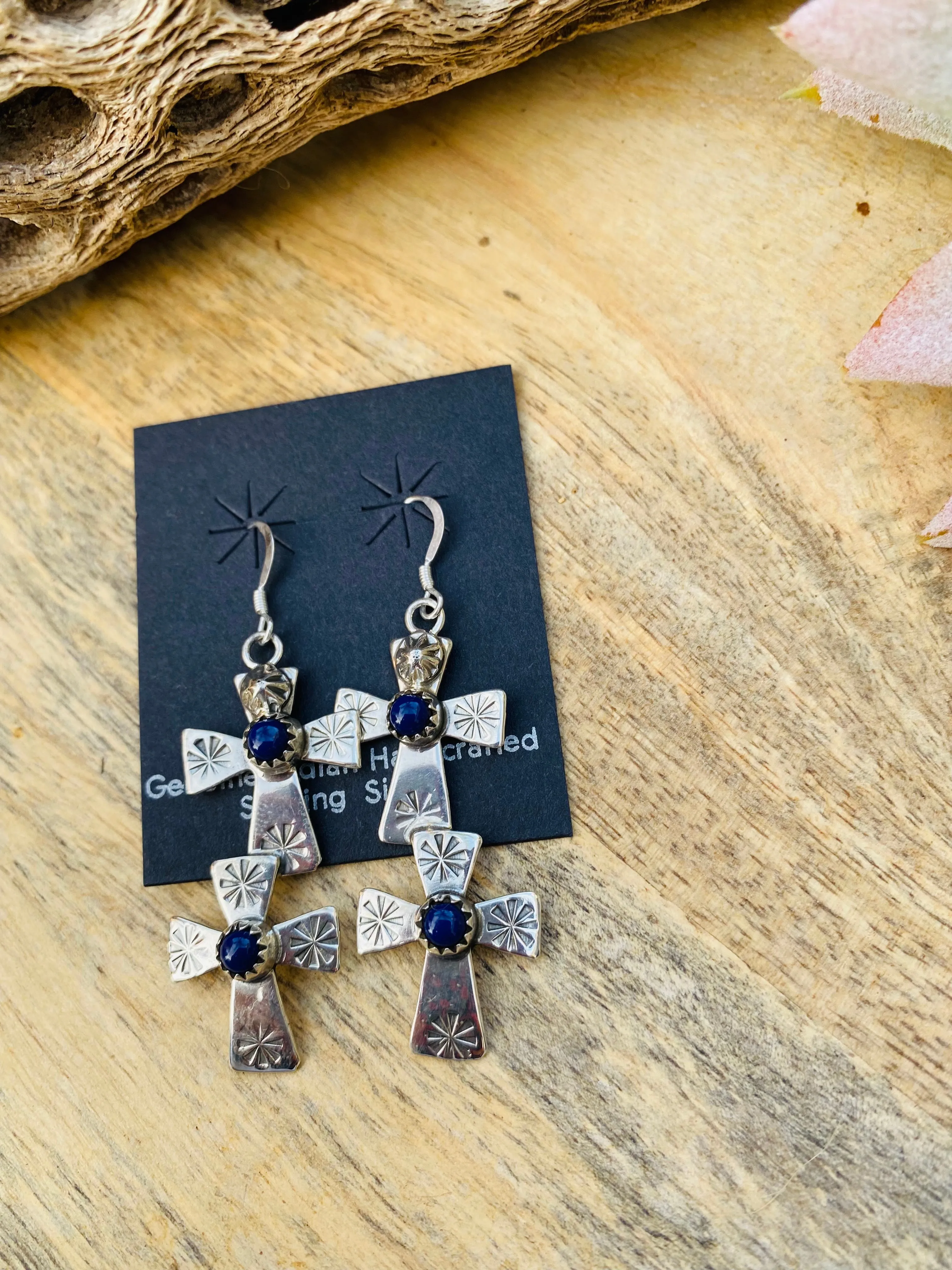 Navajo Hand Stamped Sterling Silver & Lapis Cross Dangle Earrings