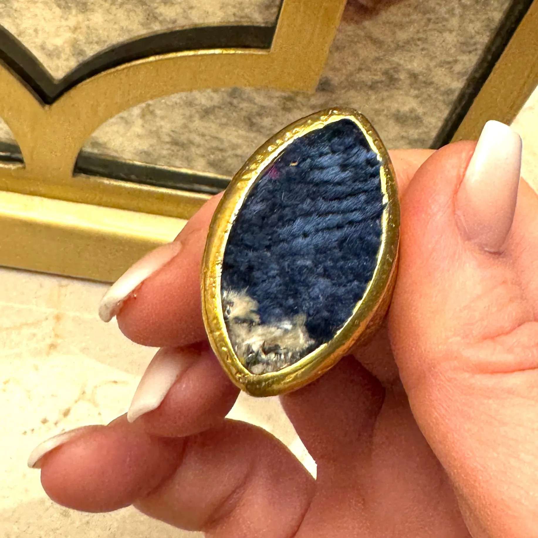 Navy & White Stripe Turkish Gold Ring