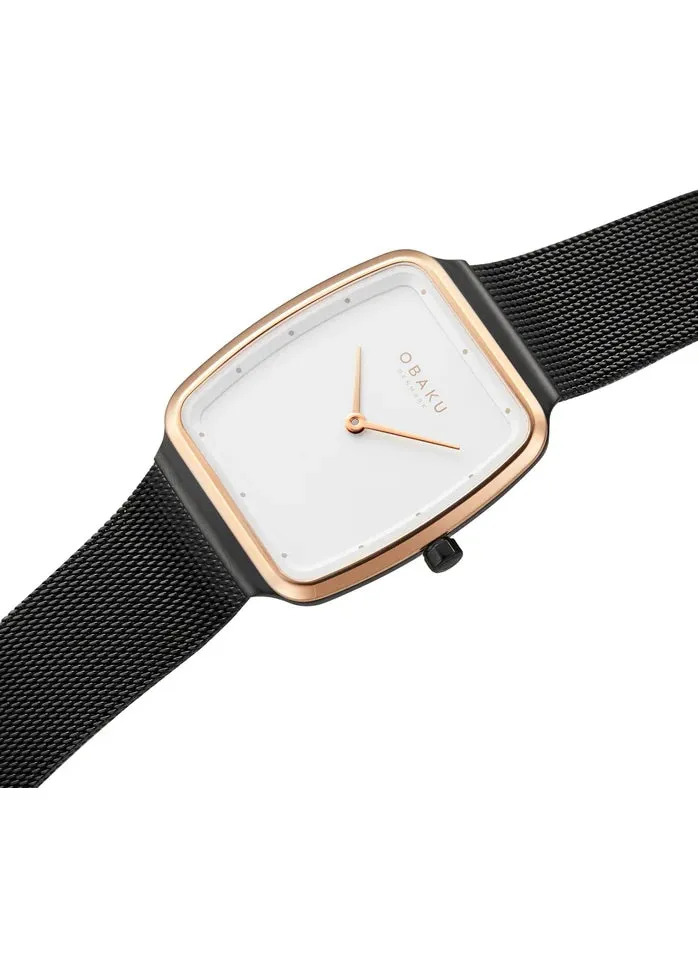 OBAKU TERN LILLE-TUSCANY BLACK MESH BRACELT ROSE WHITE DIAL V267LXMIMB