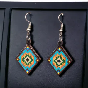 OLDTRIBES™ Painted Turquoise and Green Wood Earrings with Diamond shape