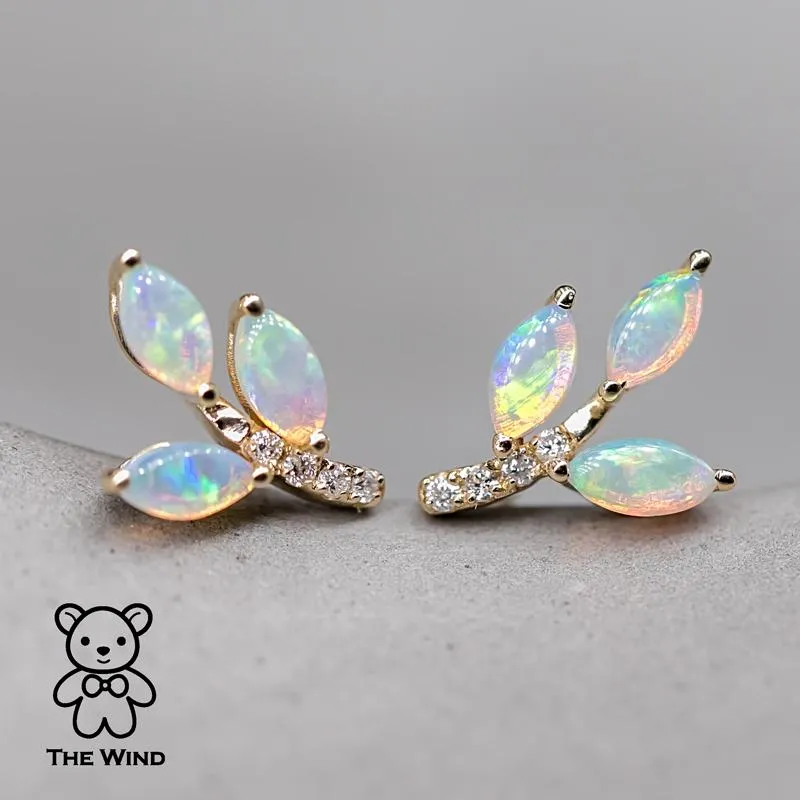 Olive Branch Leaf Design Australian Solid Opal Diamond Stud Earrings 14K Yellow Gold