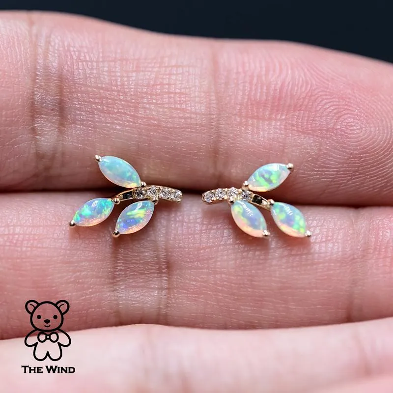 Olive Branch Leaf Design Australian Solid Opal Diamond Stud Earrings 14K Yellow Gold