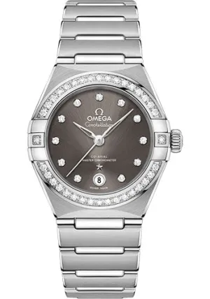 Omega Constellation Manhattan Co-Axial Master Chronometer Watch - 29 mm Steel Case - Diamond-Paved Bezel - Grey Diamond Dial - 131.15.29.20.56.001