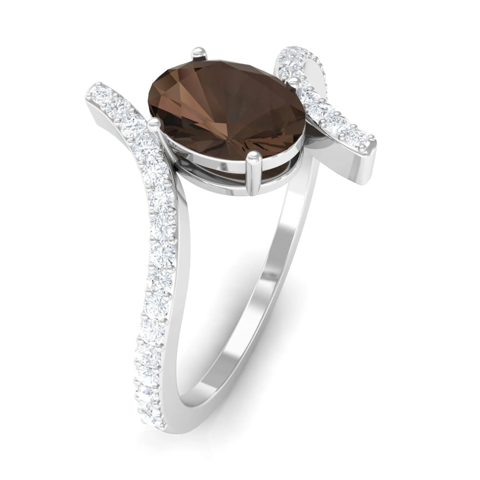 Oval Smoky Quartz Solitaire Bypass Ring with Diamond