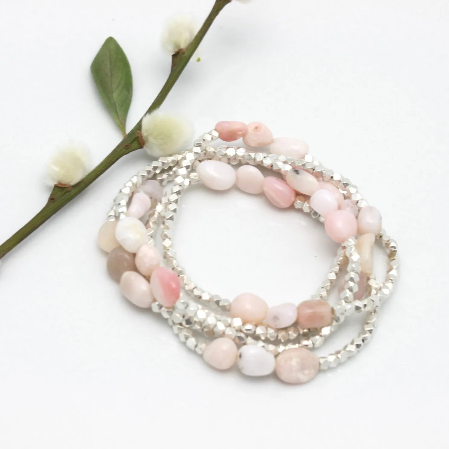 Peruvian Pink Opal & Fine Silver Stretch Bracelet