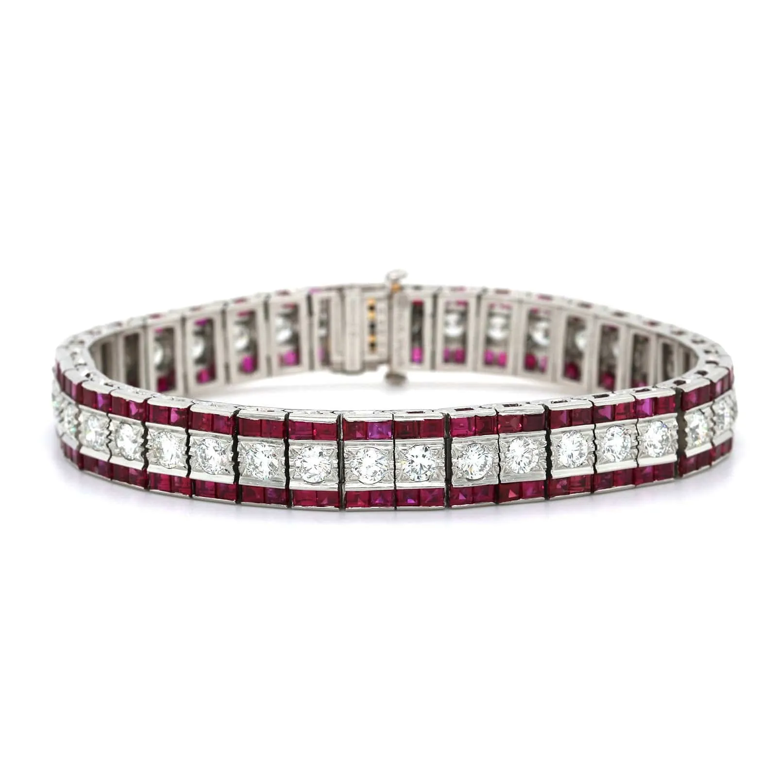 Platinum 3 Row Diamond and Ruby Bracelet