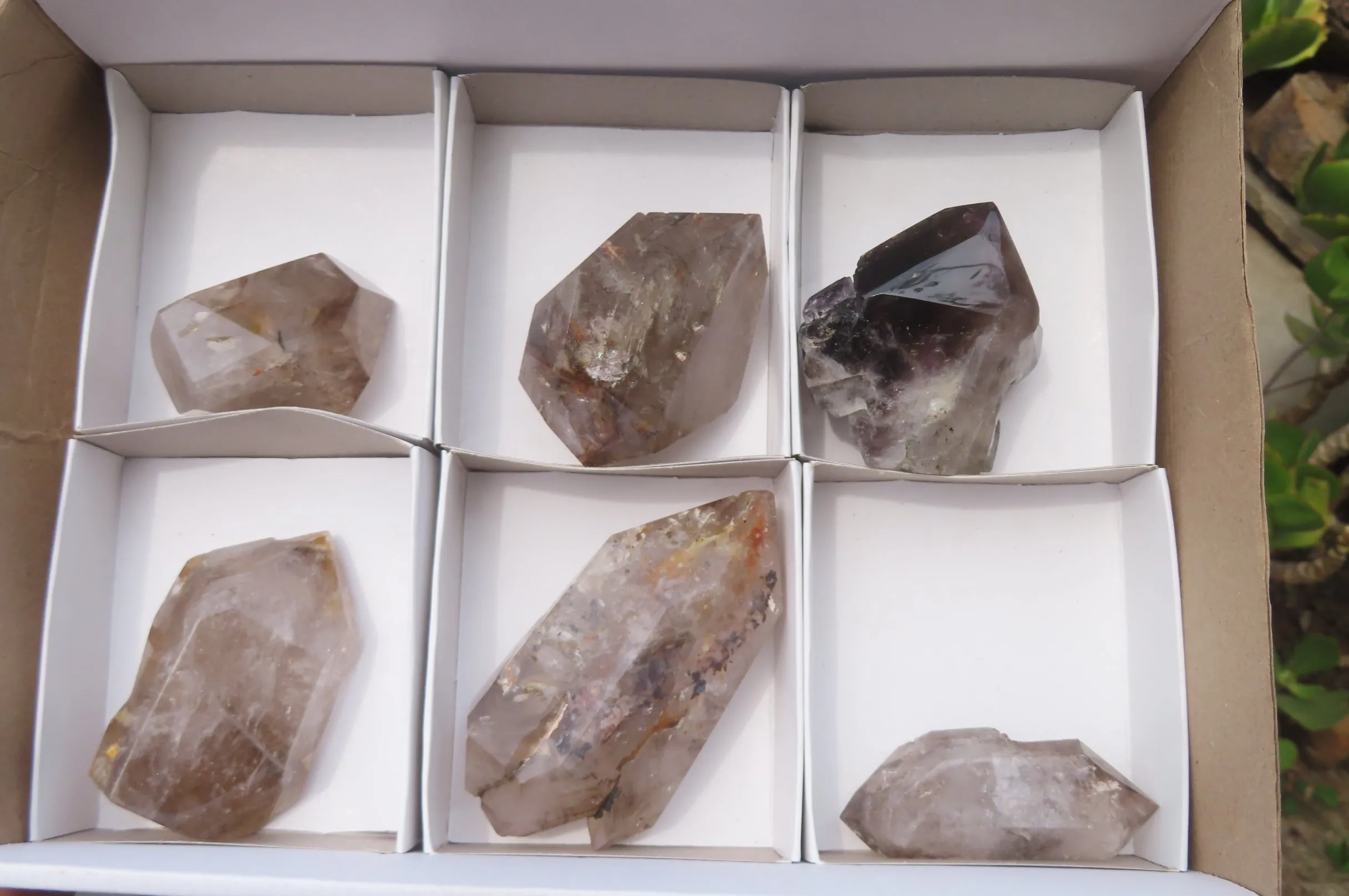 Polished Smokey Window Quartz Crystals x 6 From Madagascar