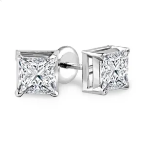 Princess Solitaire Diamond Studs (1.77 ct Diamonds) in White Gold