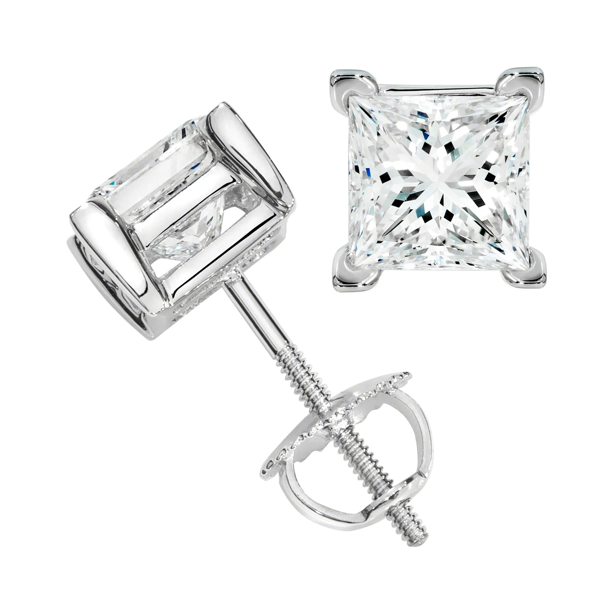 Princess Solitaire Diamond Studs (1.77 ct Diamonds) in White Gold