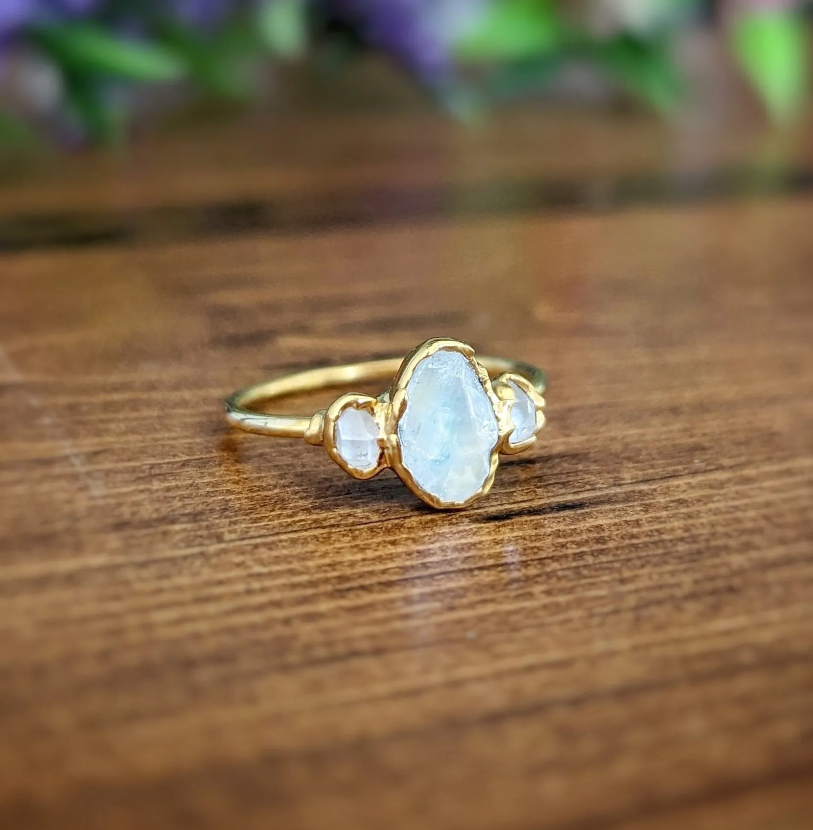 Raw Rainbow Moonstone and Herkimer Diamond Engagement ring