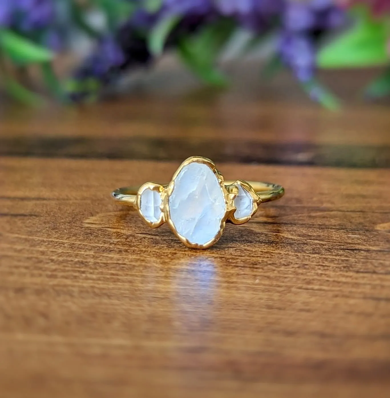 Raw Rainbow Moonstone and Herkimer Diamond Engagement ring