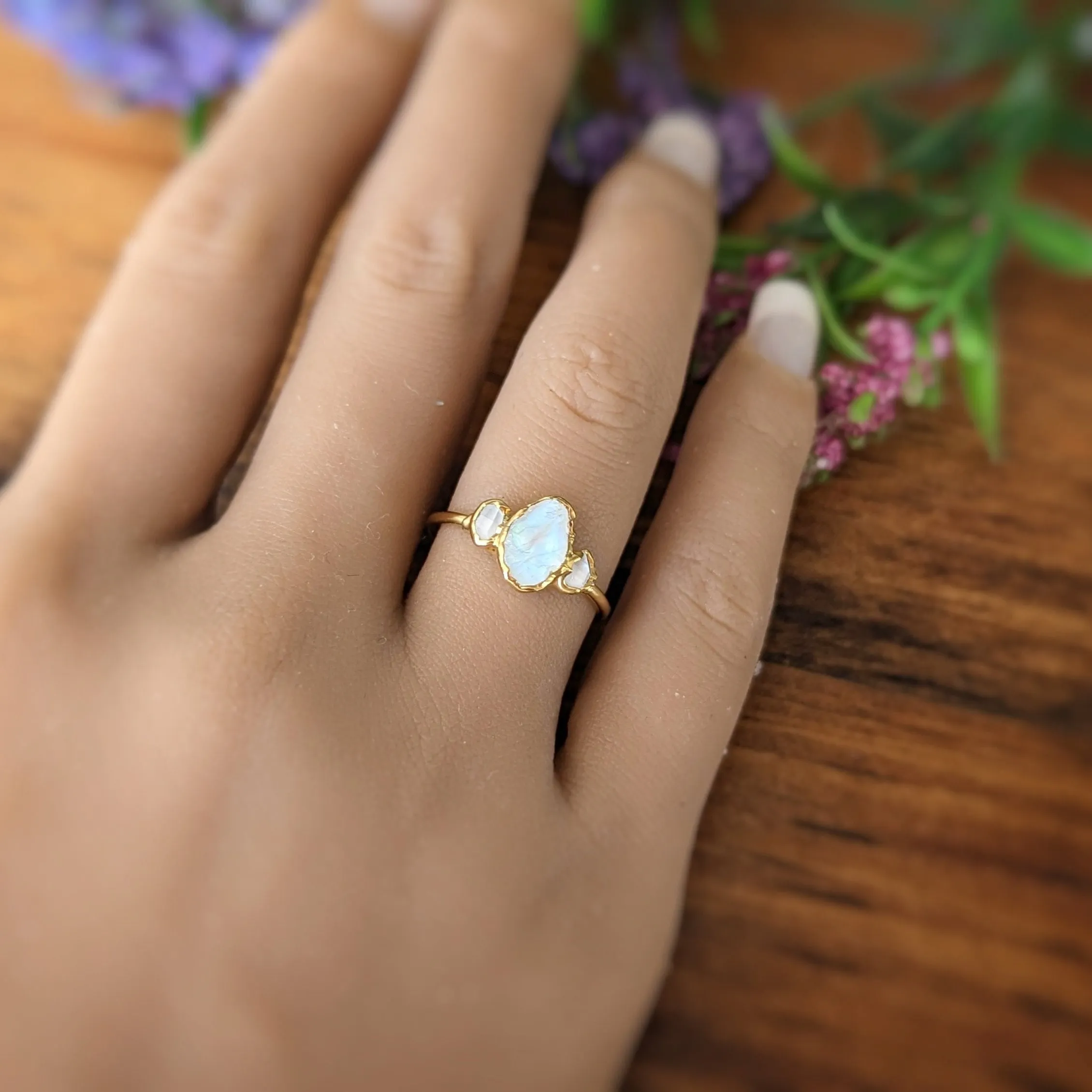 Raw Rainbow Moonstone and Herkimer Diamond Engagement ring