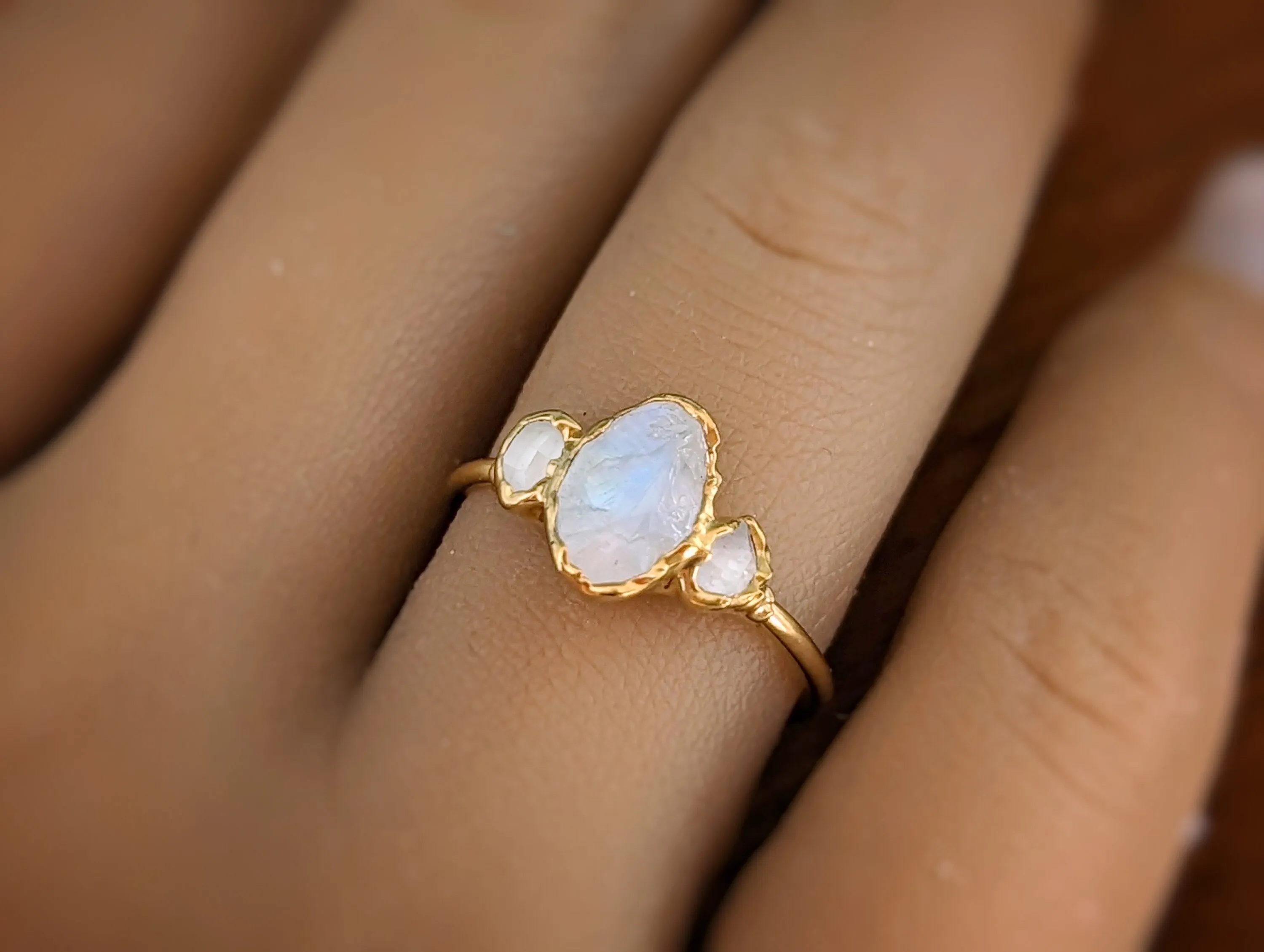 Raw Rainbow Moonstone and Herkimer Diamond Engagement ring