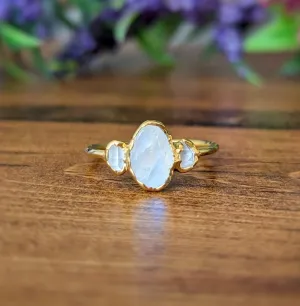 Raw Rainbow Moonstone and Herkimer Diamond Engagement ring