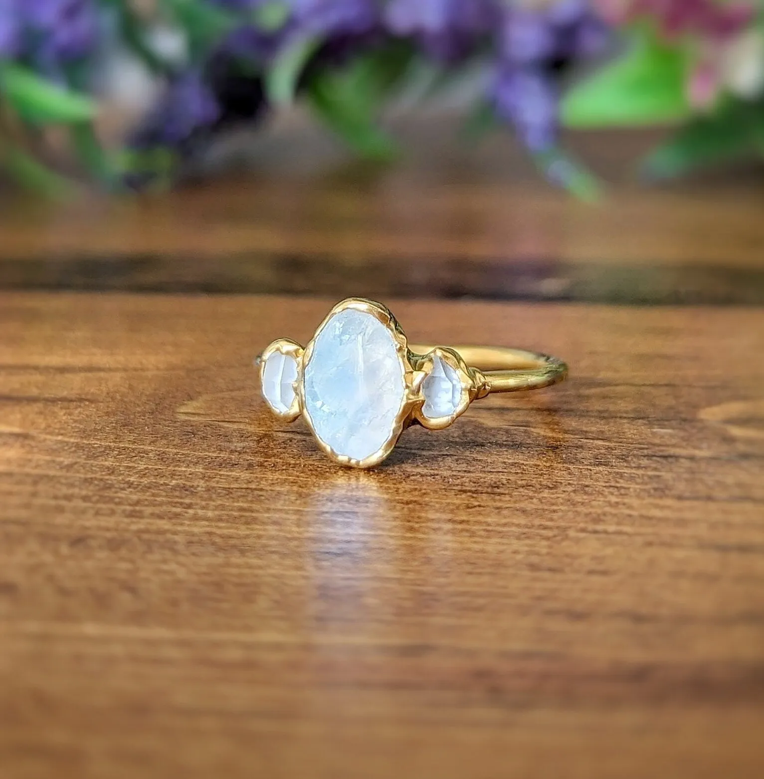 Raw Rainbow Moonstone and Herkimer Diamond Engagement ring