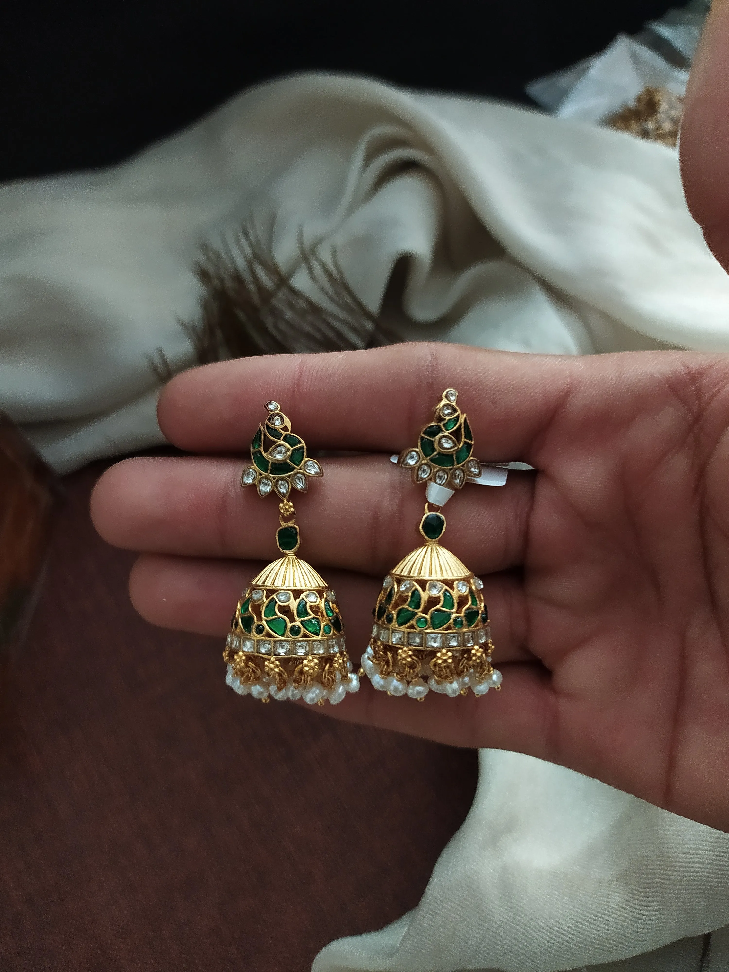 Regal Peacock Design Pure Silver Jadau Emerald Jhumki