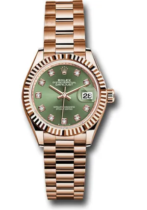 Rolex Rolex Everose Gold Lady-Datejust 28 Watch - Fluted Bezel - Olive Green Diamond Dial - President Bracelet - 279175 ogdp