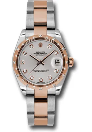 Rolex Steel and Everose Gold Datejust 31 Watch - 24 Diamond Bezel - Silver Diamond Dial - Oyster Bracelet - 178341 sdo