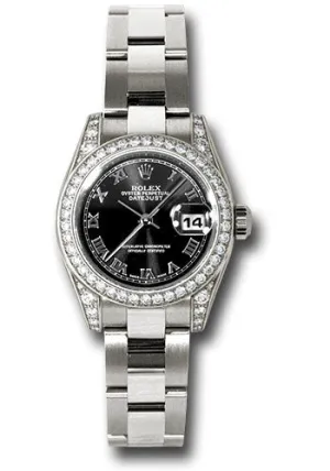 Rolex White Gold Lady-Datejust 26mm - 42 Diamond Bezel - Black Roman Dial - Oyster Bracelet - 179159 bkro