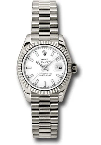 Rolex White Gold Lady-Datejust 26mm - Fluted Bezel - White Index Dial - President Bracelet - 179179 wsp