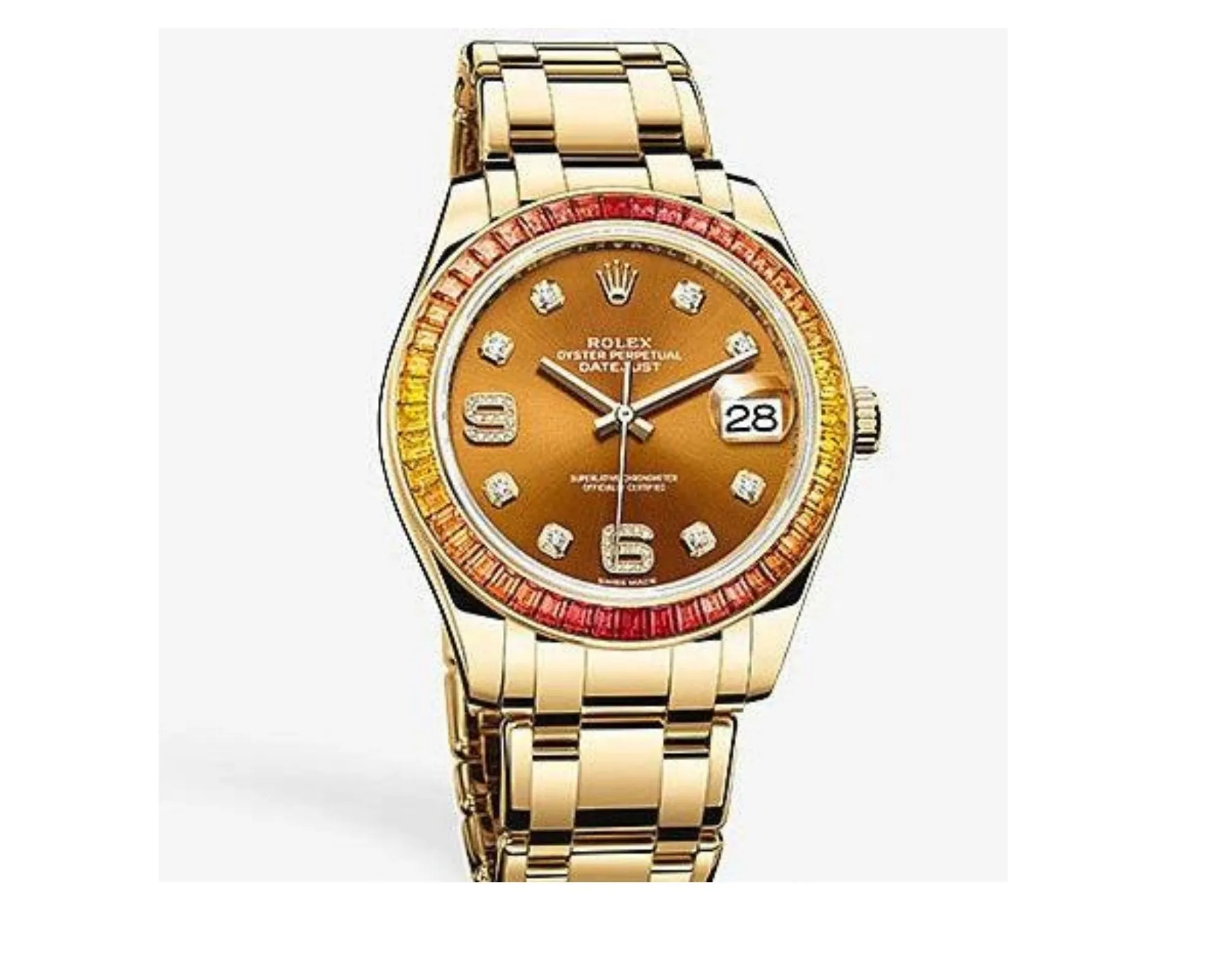 Rolex Yellow Gold Orange Diamond Dial and Diamond Bezel Pearlmaster Datejust (Reference # 86348SAJOR)