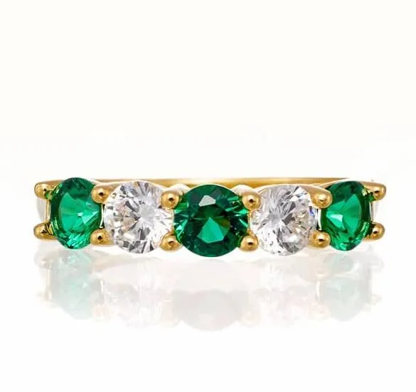 Round and Emerald Green Cubic Zirconia 5 Stone Anniversary Band - Yellow Gold Plated Sterling Silver