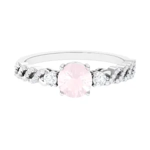 Round Shape Rose Quartz Designer Engagement Ring with Diamond Side Stones