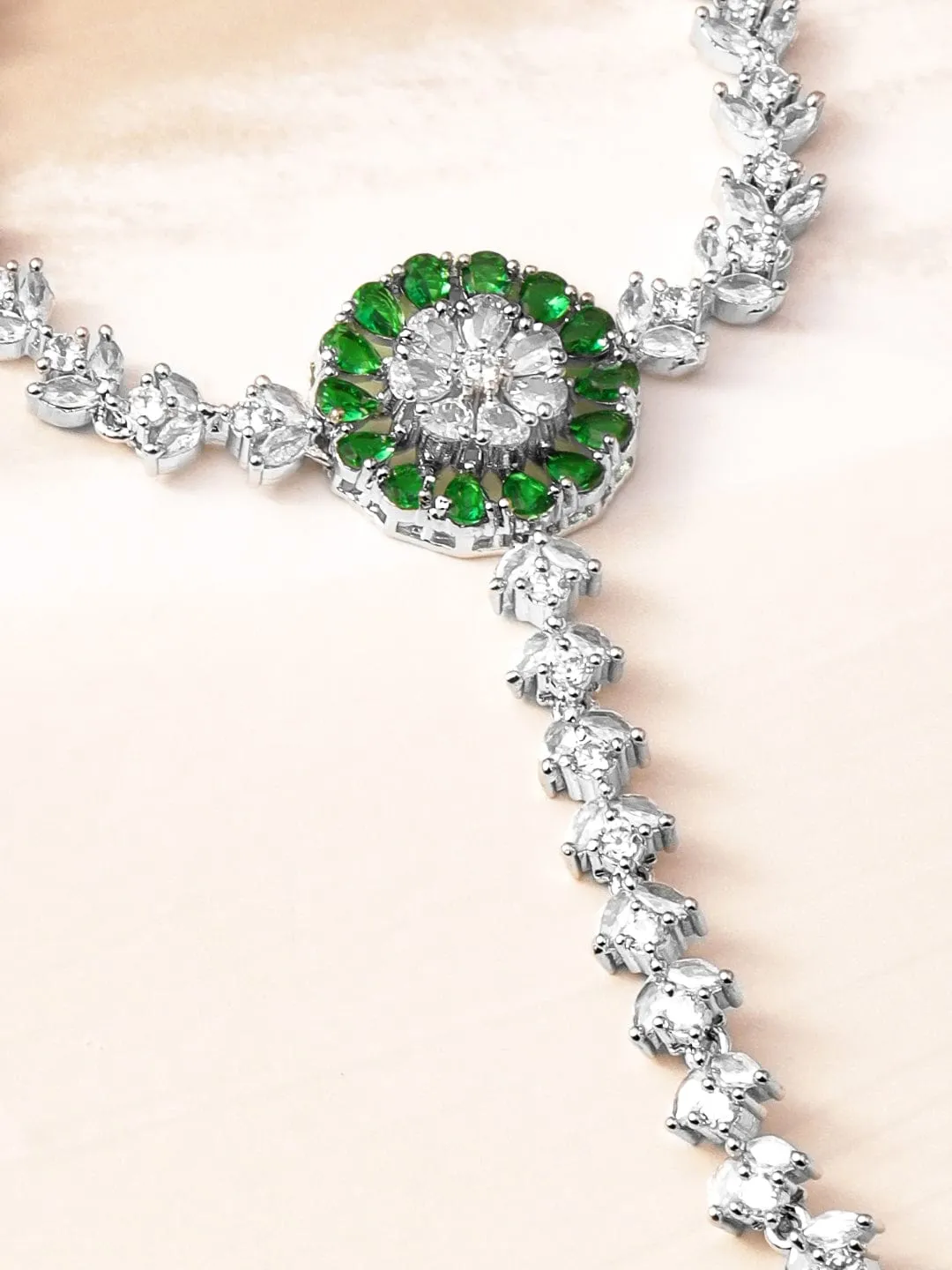 Rubans Rhodium-Plated Emerald & Cubic Zirconia Hand Harness Ring Bracelet