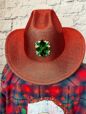 Ruby Jeweled Embellishment Glitter Cowboy Hat - Red/Green