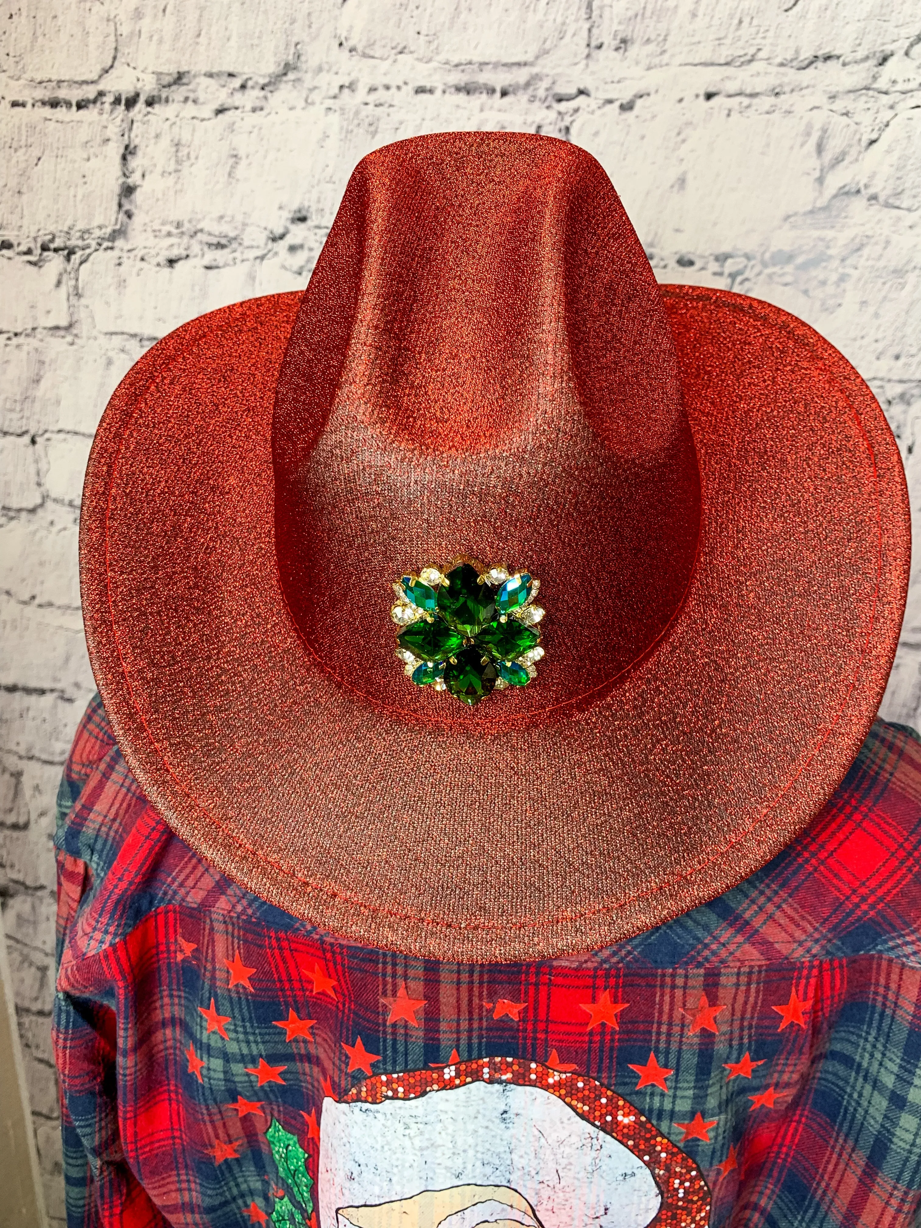 Ruby Jeweled Embellishment Glitter Cowboy Hat - Red/Green