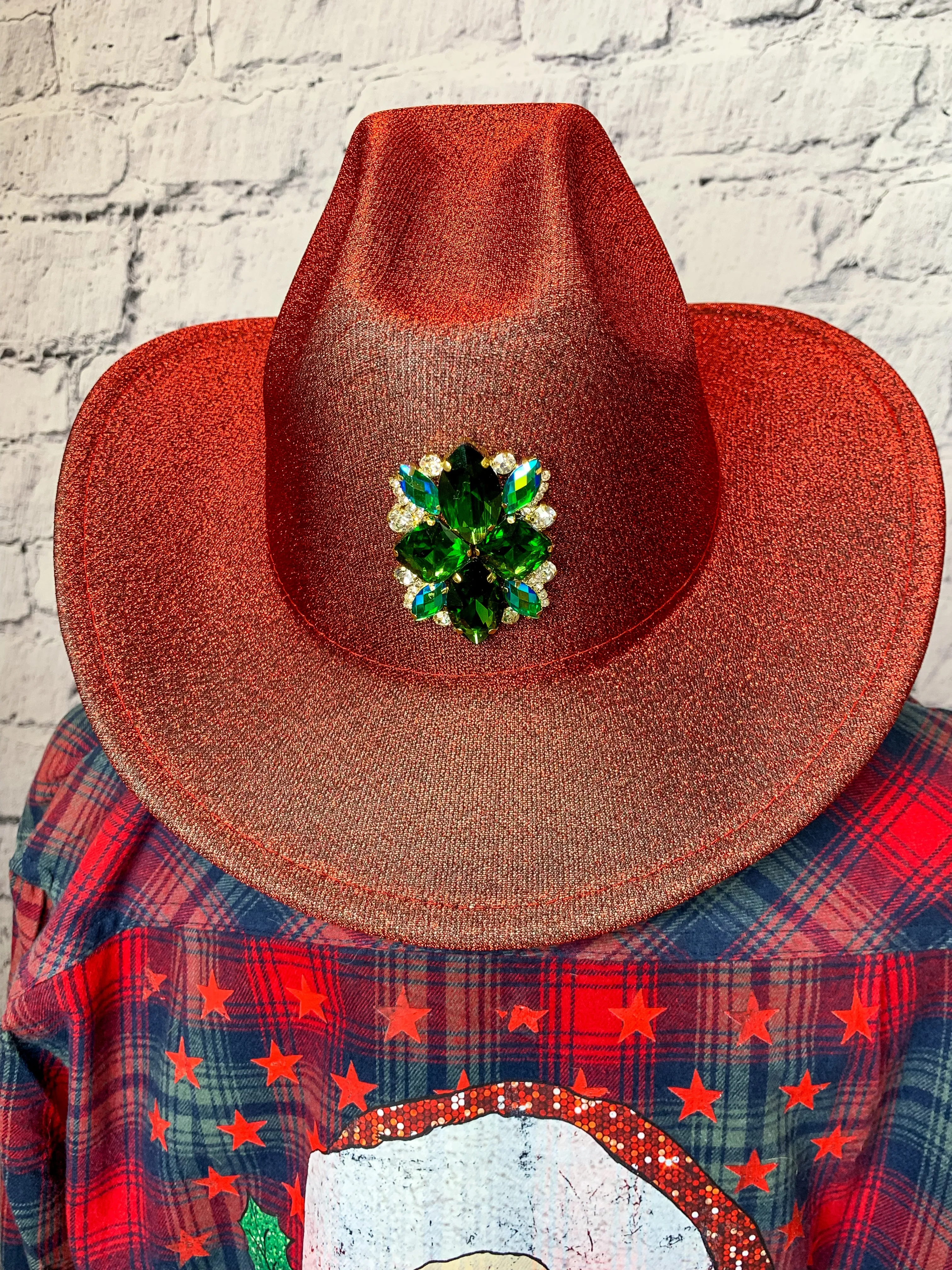 Ruby Jeweled Embellishment Glitter Cowboy Hat - Red/Green